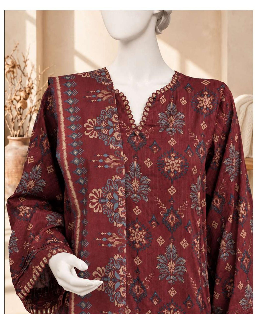 Maroon - Viscose Winter Suit, textured viscose, 3-piece unstitched - view 2 of 2