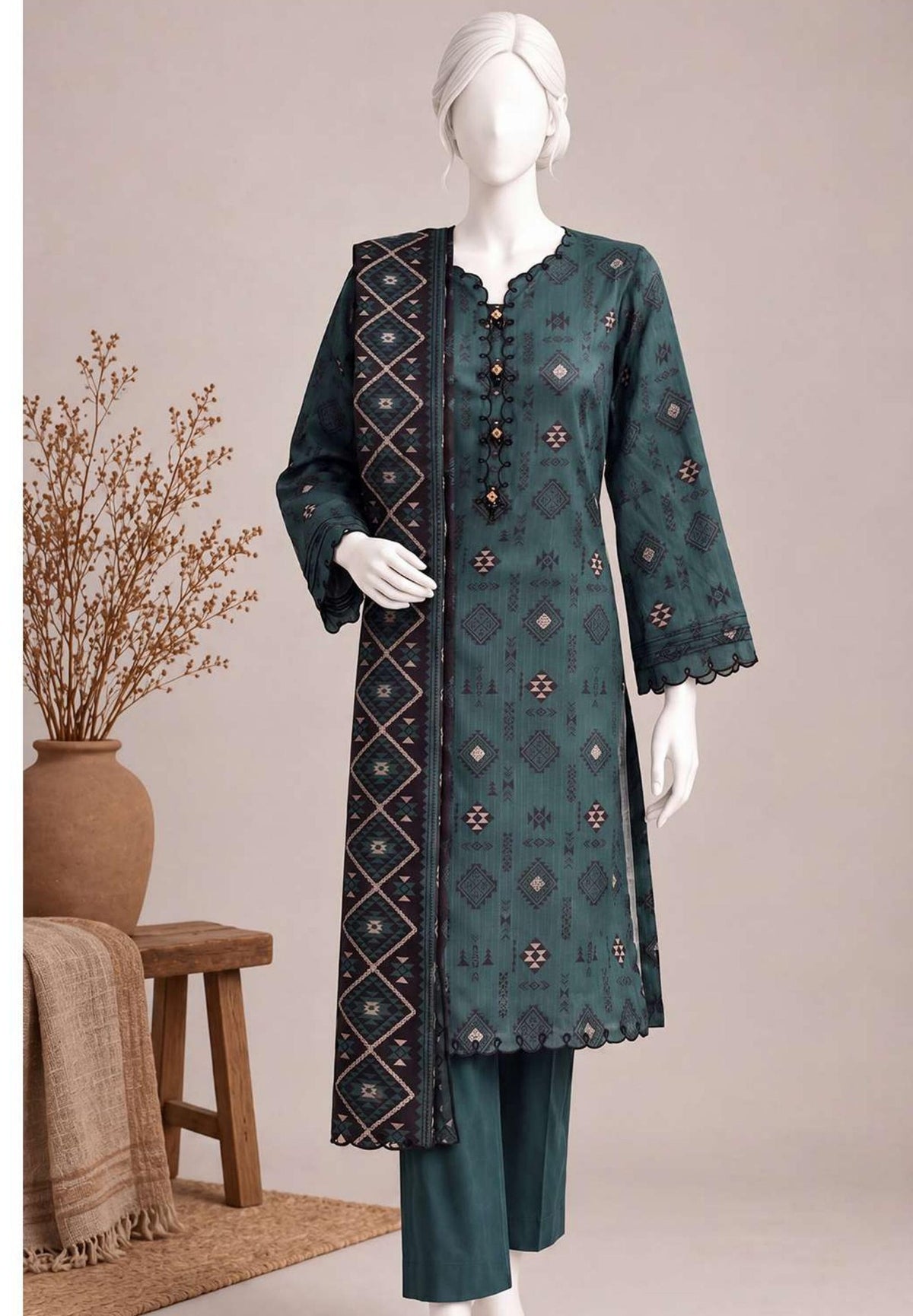 Forest Green - Viscose Winter Suit, textured viscose, 3-piece unstitched - view 1 of 2